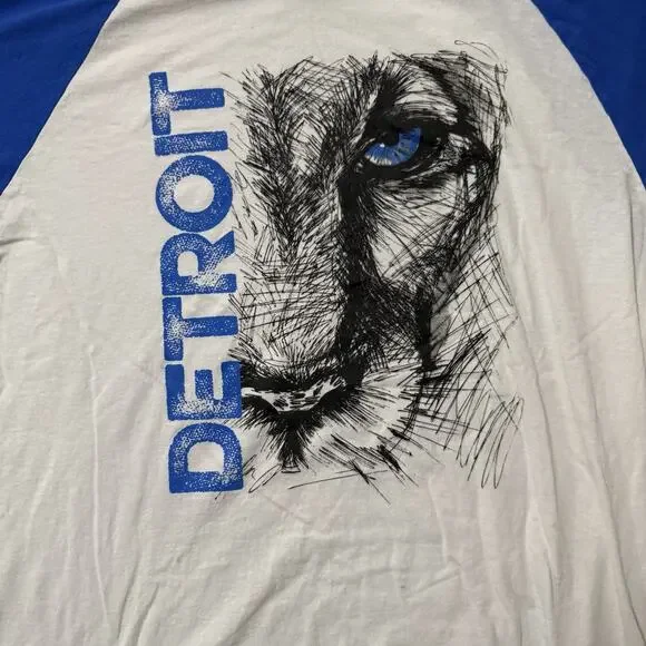 Detroit Shirt With Face Of A Lion, Blue And White 3/4 Sleeve 2XL - Picture 2 of 6